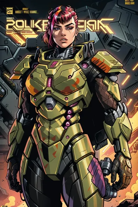 intricate flat shaded western comic book style cover art, [supermodel:woman:0.3] wearing full intricately detailed bulky plated mecha exoskeleton suit made of [red|yellow|white|blue] camo streak paint, [heavily weathered and scratched,:0.5] [pink punk side shaved hairstyle:0.3], micro detailing, detailed intricate linework, (behind bold english (text title)), logos, cover page