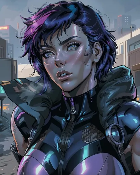 motoko kusanagi, 1girl, masterpiece, best quality, detailed face close up, glow eyes, cyber face, (daytime, outdoors, harsh lighting), western comic book style, detailed intricate linework