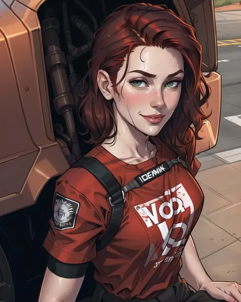 (extreme close up shot), (detailed face), beautiful woman, dark red hair, pale skin, (baggy loose untucked [red|black] tshirt [short|long|short] sleeve), branded graphics clothes with english text, neck brace, [green eyes:0.4], shoulder brace, oily sweaty grimy skin, smirk, lips parted, detailed wet hair, (racing harness), dirty, car mechanic, garage, ((high detailed skin, skin details)), detailed cloth folds, detailed cluttered busy background, 8k uhd, dslr, high quality, film grain, (intricate linework:1) outlines, professional comic book style, (flat shaded:1)