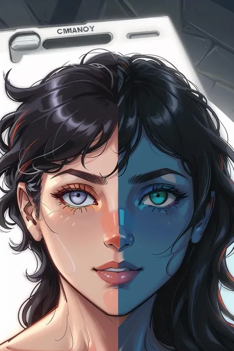 ([one person:image split down the middle, cropped detailed face, heterochromia, split personality, half face comparison:3]), (centred, facing camera):1, [(left side of the image) with city street, is adult beautiful sexy dark skinned indian superheroine dressed in red gold and black with detailed hair, green right eye, half face, night time|(right side of the image) with burning city, is adult sexy evil grin angry light skinned (android 18) supervillain dressed in purple green and maroon with detailed (blonde hair), red left eye with scar, half face with tattoos, daytime],  professional comic book style, intricate linework