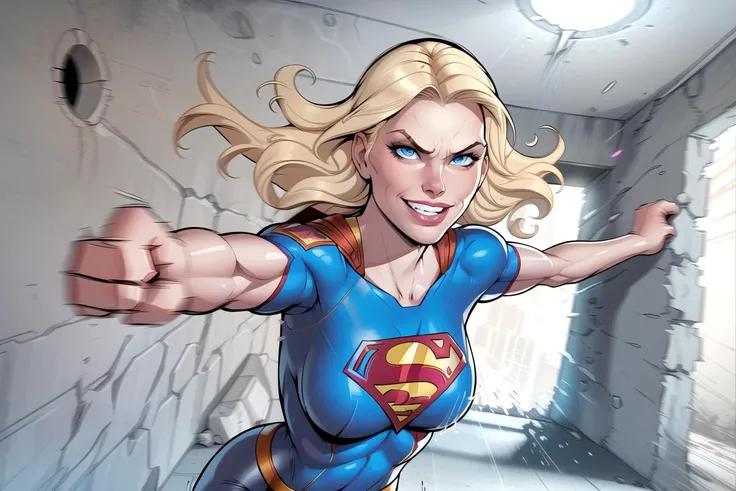 adult supergirl, blonde hair, detailed pale blue eyes, bursting through a concrete wall, climbing looking through hole in wall, towards camera, angry, [confident|evil] grin, punching fist, smeared makeup, detailed sexy body, foreshortening perspective, dynamic action shot, speed lines, (blurred fast hands fists:1), short sleeves, comic book style, flat colors