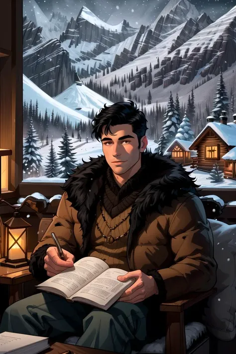 Handsome man wearing a bulky fur coat, black hair, sitting in a warm log wood cabin indoors, winter time, cozy scene, detailed eyes, holding a book and lantern, warm lighting, snow window in the background, luxurious lodge, professional detailed graphic novel illustration, intricate strokes