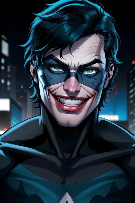 extreme close up, detailed face, dc comics [dick grayson nightwing|joker with makeup, smeared lipstick and joker white makeup], wearing batman cowl and domino mask, detailed short [black|green] hair, [blue:green:0.75] eyes, [smiling|laughing maniacally] intricate linework, professional modern comic book style, prominent laugh lines, prominent outlines and linework