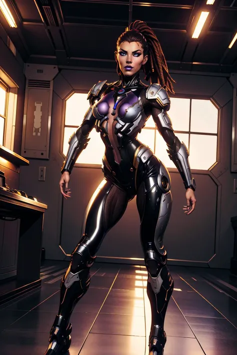 1girl, solo, full body shot, provocative posing, flirty look,
Sharen, beautiful face, blue eyes, eyelashes, makeup, luscious lips, dreadlocks, ponytail, brown hair,
bodysuit, armor, purple bossom,
facility, science fiction, cold light, dramatic lighting, (insanely detailed, beautiful detailed face, masterpiece, best quality) <lora:sharen:0.8>