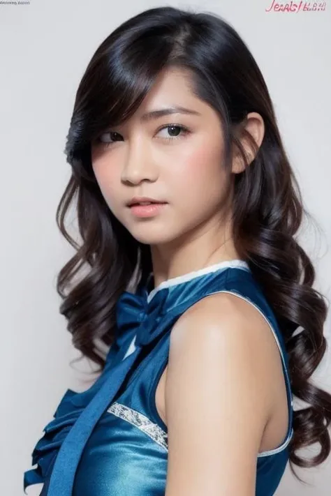 photo of jessicave, jkt48 uniform2, solo focus, (detailed face), posing for a photo, hand on hip, simple white background <lora:jessicave:0.9>
