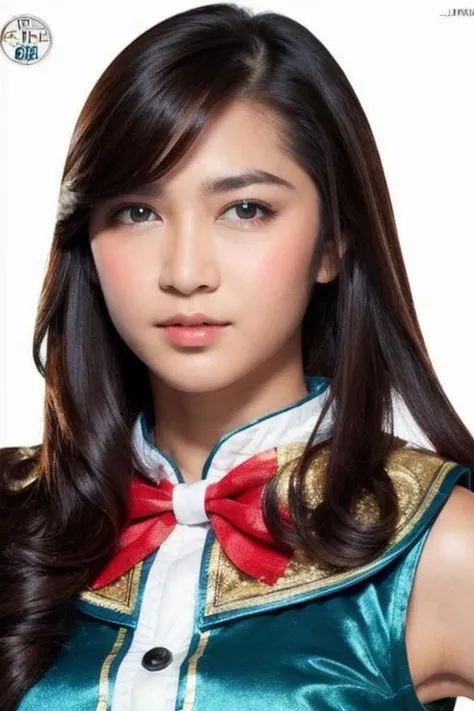 photo of a girl, jkt48 uniform, solo focus, (detailed face), posing for a photo, hand on hip, simple white background <lora:jessicave:0.9>