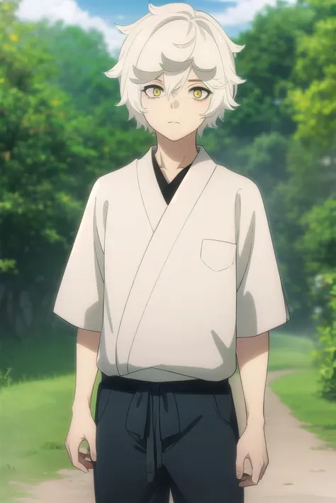 gabimaru, <lora:gabimaru s1-lora-nochekaiser:1>,
gabimaru, short hair, (yellow eyes:1.3), white hair, male focus,
BREAK japanese clothes, pants, sandals,
BREAK outdoors, forest, nature, sky, sun, clouds,
BREAK looking at viewer, (cowboy shot:1.5),
BREAK <lyco:GoodHands-beta2:1>, (masterpiece:1.2), best quality, high resolution, unity 8k wallpaper, (illustration:0.8), (beautiful detailed eyes:1.6), extremely detailed face, perfect lighting, extremely detailed CG, (perfect hands, perfect anatomy),