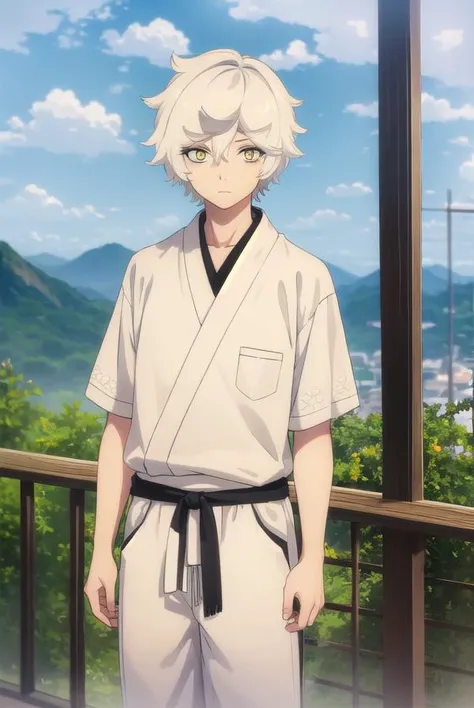 gabimaru, <lora:gabimaru s1-lora-nochekaiser:1>,
gabimaru, short hair, (yellow eyes:1.3), white hair, male focus,
BREAK japanese clothes, pants, sandals,
BREAK outdoors, forest, nature, sky, sun, clouds,
BREAK looking at viewer, (cowboy shot:1.5),
BREAK <lyco:GoodHands-beta2:1>, (masterpiece:1.2), best quality, high resolution, unity 8k wallpaper, (illustration:0.8), (beautiful detailed eyes:1.6), extremely detailed face, perfect lighting, extremely detailed CG, (perfect hands, perfect anatomy),