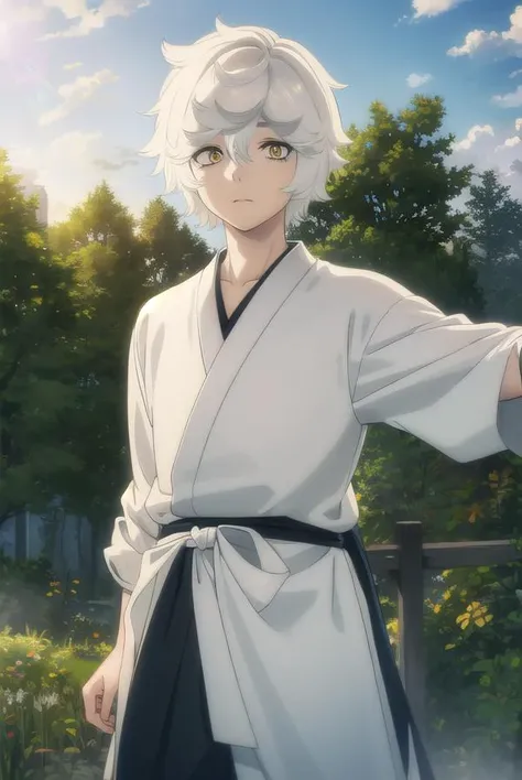 gabimaru, <lora:gabimaru s1-lora-nochekaiser:1>,
gabimaru, short hair, (yellow eyes:1.3), white hair, male focus,
BREAK japanese clothes, pants, sandals,
BREAK outdoors, forest, nature, sky, sun, clouds,
BREAK looking at viewer, (cowboy shot:1.5),
BREAK <lyco:GoodHands-beta2:1>, (masterpiece:1.2), best quality, high resolution, unity 8k wallpaper, (illustration:0.8), (beautiful detailed eyes:1.6), extremely detailed face, perfect lighting, extremely detailed CG, (perfect hands, perfect anatomy),