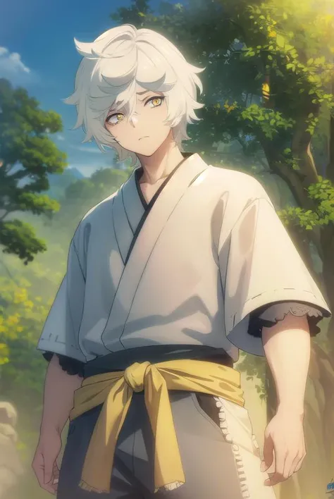 gabimaru, <lora:gabimaru s1-lora-nochekaiser:1>,
gabimaru, short hair, (yellow eyes:1.3), white hair, male focus,
BREAK japanese clothes, pants, sandals,
BREAK outdoors, forest, nature, sky, sun, clouds,
BREAK looking at viewer, (cowboy shot:1.5),
BREAK <lyco:GoodHands-beta2:1>, (masterpiece:1.2), best quality, high resolution, unity 8k wallpaper, (illustration:0.8), (beautiful detailed eyes:1.6), extremely detailed face, perfect lighting, extremely detailed CG, (perfect hands, perfect anatomy),