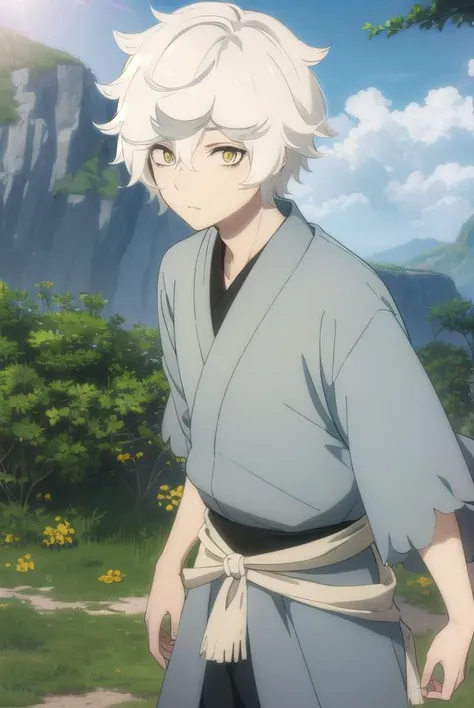 gabimaru, <lora:gabimaru s1-lora-nochekaiser:1>,
gabimaru, short hair, (yellow eyes:1.3), white hair, male focus,
BREAK japanese clothes, pants, sandals,
BREAK outdoors, forest, nature, sky, sun, clouds,
BREAK looking at viewer, (cowboy shot:1.5),
BREAK <lyco:GoodHands-beta2:1>, (masterpiece:1.2), best quality, high resolution, unity 8k wallpaper, (illustration:0.8), (beautiful detailed eyes:1.6), extremely detailed face, perfect lighting, extremely detailed CG, (perfect hands, perfect anatomy),