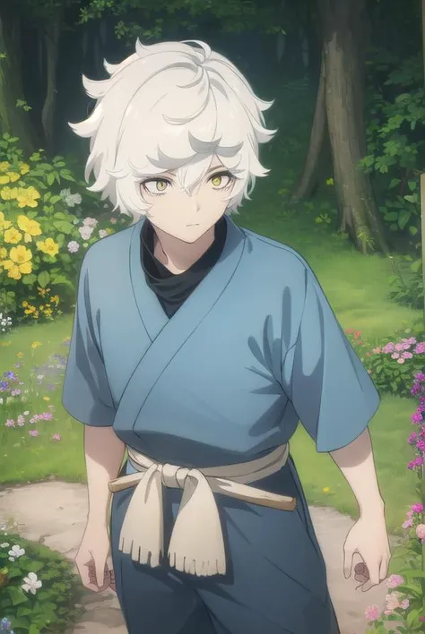 gabimaru, <lora:gabimaru s1-lora-nochekaiser:1>,
gabimaru, short hair, (yellow eyes:1.3), white hair, male focus,
BREAK japanese clothes, pants, sandals,
BREAK outdoors, forest, nature, sky, sun, clouds,
BREAK looking at viewer, (cowboy shot:1.5),
BREAK <lyco:GoodHands-beta2:1>, (masterpiece:1.2), best quality, high resolution, unity 8k wallpaper, (illustration:0.8), (beautiful detailed eyes:1.6), extremely detailed face, perfect lighting, extremely detailed CG, (perfect hands, perfect anatomy),