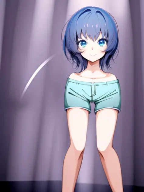 <lora:swb:0.8>, anime, 1girl, medium dark blue hair, light smile,  white shorts, swb:1, simple background, standing,