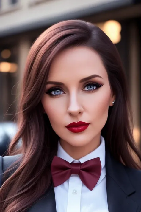 carlap:0.99, ((detailed skin, detailed face,detailed eyes, beautiful eyes):1.2),  ((red lipstick, eyeliner, eye shadow, blush)), ,((fully clothed, modest)), , photo of a woman, ,beautiful picture, fully clothed, outside, ((bowtie, thighhighs, shirt, skirt)), city street, sunset, detailed, epic, closeup, ((detailed eyes, beautiful eyes, detailed face, beautiful face)),