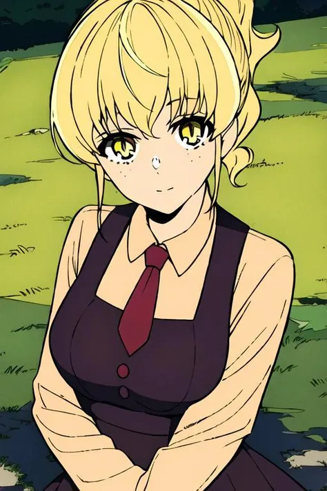 masterpiece, best quality, high quality, 1girl, solo, looking at viewer, upper body, <lora:rachel_kami_no_tou:0.68>, rachel_kami_no_tou, blonde hair, yellow eyes, , formal, necktie, dress shirt