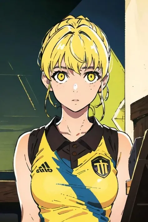 masterpiece, best quality, high quality, 1girl, solo, looking at viewer, upper body, <lora:rachel_kami_no_tou:0.54>, rachel_kami_no_tou, blonde hair, yellow eyes, realistic, sportswear