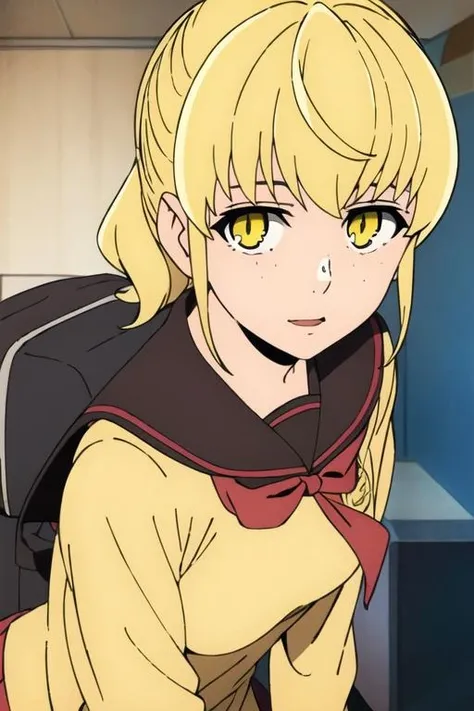 masterpiece, best quality, high quality, 1girl, solo, looking at viewer, upper body, <lora:rachel_kami_no_tou:0.72>, rachel_kami_no_tou, blonde hair, yellow eyes, , school uniform