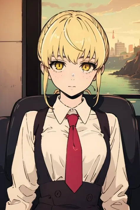 masterpiece, best quality, high quality, 1girl, solo, looking at viewer, upper body, <lora:rachel_kami_no_tou:0.66>, rachel_kami_no_tou, blonde hair, yellow eyes, , formal, necktie, dress shirt