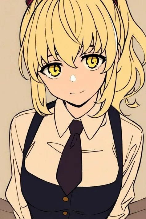 masterpiece, best quality, high quality, 1girl, solo, looking at viewer, upper body, <lora:rachel_kami_no_tou:0.56>, rachel_kami_no_tou, blonde hair, yellow eyes, , formal, necktie, dress shirt