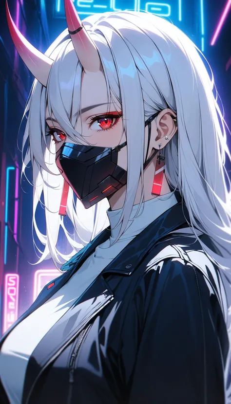 1girl, red eyes, horns, solo, jacket, mask, black jacket, earrings, jewelry, white shirt, shirt, white hair, mouth mask, hair between eyes, upper body, bangs, oni horns, open jacket,cyberpunk,neon lights,cinematic lighting,from side,looking at viewer,bad-girl,((mature female)), <lora:fashigirl-v1-sdxl-lokr-9ep:0.8>, best quality, masterpiece, absurdres, very aesthetic