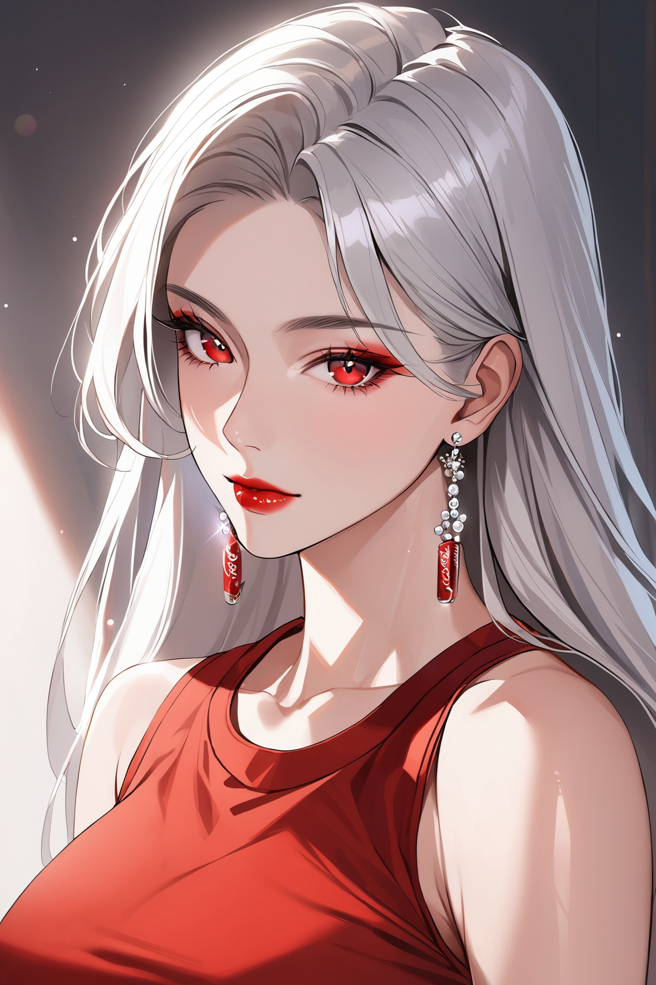 A woman with long white hair and red eyes wearing a red dress - SeaArt AI