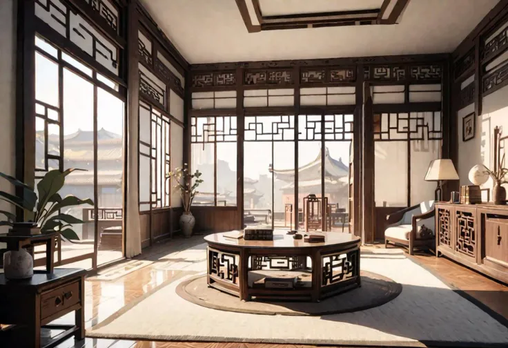 Best quality, masterpiece, ((front view)), (animation style), (center view of floor-to-ceiling windows and courtyard), Chinese-style interior decoration, white walls, (large windows), Neat window pattern, Chinese-style furniture, study room, Sofa, coffee table, bookcase, warm sunshine in the morning, ancient Chinese architecture, ancient architecture of Tang dynasty, very detailed background