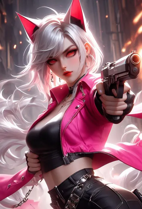 WLOP art style, look at the audience, Female,seductive eyes, white hair, long hair, ((black cat ears)), ((small amount of abdominal muscles)), ((belly button exposed)), red cropped top, red jacket, black tight jeans, chain belt, long legs, pants There are claw marks and damage on the thighs,  clear face, pink eyeshadow, Hold a gun, hold a gun in her hand, Head up and chest out, eye light, sharpness, cinematic foootage, (full body), intricate details,8k post production, faithful, colorful cinematic,