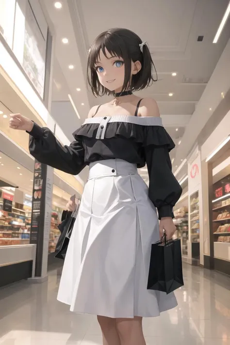 masterpiece, best quality, absurdres, perfect anatomy, 1girl, solo, Ronye Arabel, short hair, blue eyes, high-waist skirt, long skirt, white skirt, black shirt, off-shoulder, long sleeves, smile, standing, indoors, shopping mall