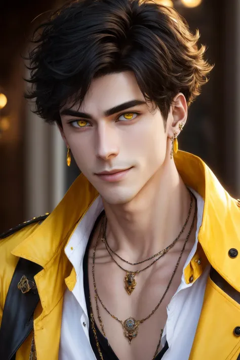 Masterpiece, absurdres, fine detail, HDR,
solo, looking at viewer, smile, shirt, black hair, 1boy, hair between eyes, jewelry, jacket, yellow eyes, upper body, male focus, earrings, necklace, ear piercing, FH
<lora:BIWv2:0.75>