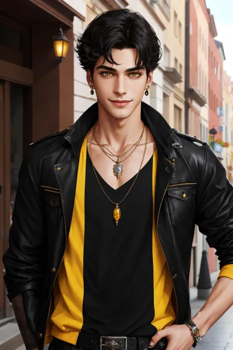 Masterpiece, absurdres, fine detail, HDR,
solo, looking at viewer, smile, shirt, black hair, 1boy, hair between eyes, jewelry, jacket, yellow eyes, upper body, male focus, earrings, necklace, ear piercing, FH
<lora:BIWv2:0.75>