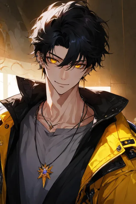 Masterpiece, absurdres, fine detail, HDR,
solo, looking at viewer, smile, shirt, black hair, 1boy, hair between eyes, jewelry, jacket, yellow eyes, upper body, male focus, earrings, necklace, ear piercing, FH
<lora:BIWv2:0.75>
