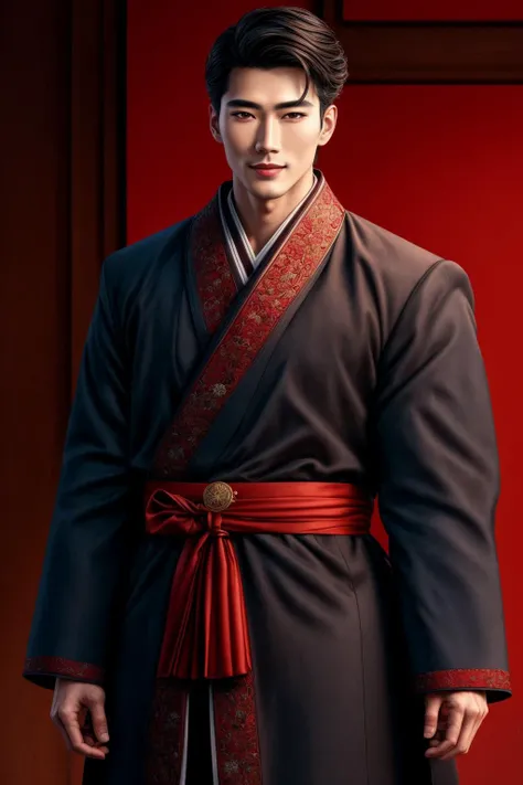 Masterpiece, highly detailed,absurdres, fine detail, HDR, 
handsome FH_man,sharp, contrast, realistic drawing, tall dark haired korean man,red eyes, wearing a hanbok, analog style, face focus, handsome face, ikemen, standing up, smiling to the viewer, ikemen,masculine FH_face, fit FH_body
 <lora:edgBekoIkemenWorld:0.7>