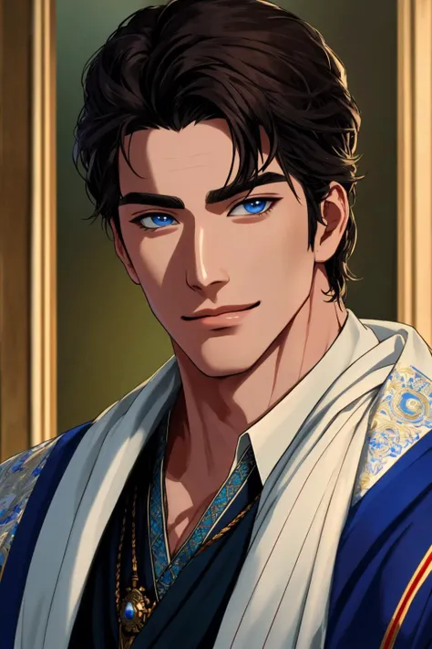Masterpiece, highly detailed,absurdres, fine detail, HDR, 
handsome FH_man,dark hair, cowboy shot,  blue eyed samurai smiling to the viewer arrogantly,masculine FH_face, fit FH_body
 <lora:edgBekoIkemenWorld:0.7>