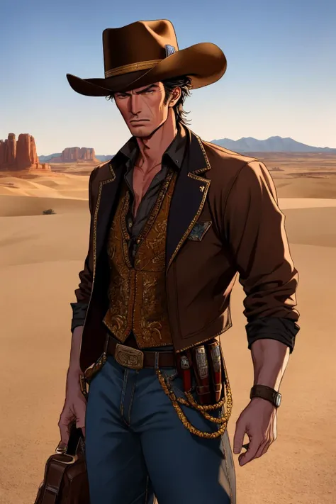 Masterpiece, highly detailed,absurdres, fine detail, HDR, 
handsome FH_man,sharp, contrast, realistic drawing,Clint Eastwood, cowboy outfit, desert background, high noon,cowboy shot, ikemen,masculine FH_face, fit FH_body
 <lora:edgBekoIkemenWorld:0.7>