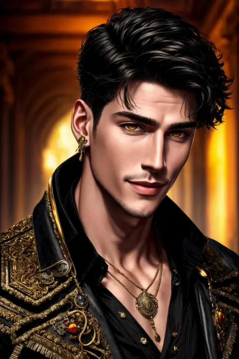 Masterpiece, highly detailed,absurdres, fine detail, HDR,
handsome FH_man, solo, looking at viewer, smile, shirt, black hair, 1boy, hair between eyes, jewelry, jacket, yellow eyes, upper body, male focus, earrings, necklace, ear piercing, ,masculine FH_face, fit FH_body
<lora:edgBekoIkemenWorld:1>