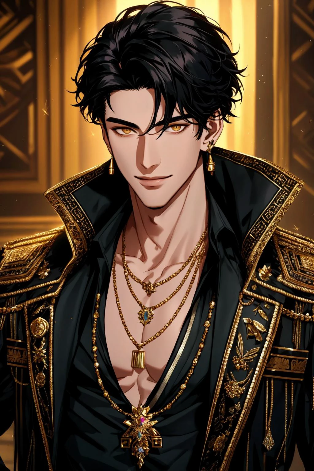 Masterpiece, highly detailed,absurdres, fine detail, HDR,
handsome FH_man, solo, looking at viewer, smile, shirt, black hair, 1boy, hair between eyes, jewelry, jacket, yellow eyes, upper body, male focus, earrings, necklace, ear piercing, ,masculine FH_face, fit FH_body
<lora:edgBekoIkemenWorld:0.7>