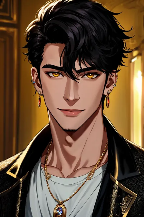 Masterpiece, highly detailed,absurdres, fine detail, HDR, 
handsome FH_man,  solo, looking at viewer, smile, shirt, black hair, 1boy, hair between eyes, jewelry, jacket, yellow eyes, upper body, male focus, earrings, necklace, ear piercing ,masculine FH_face, fit FH_body
 <lora:edgBekoIkemenWorld:0.7>