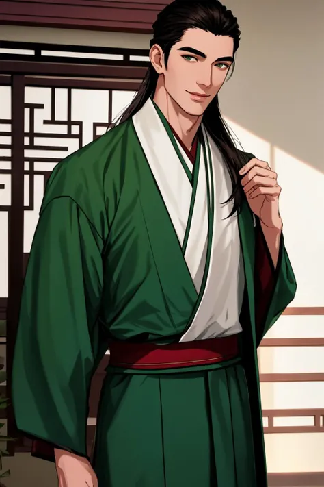 Masterpiece, highly detailed,absurdres, fine detail, HDR,
handsome FH_man,sharp, contrast, realistic drawing, tall dark haired chinese man,greeneyes, wearing green traditional hanfu chlothes, long hair, topknot, analog style, face focus, handsome face, ikemen, standing up, smiling to the viewer, ikemen,masculine FH_face, fit FH_body
<lora:edgBekoIkemenWorld:0.7>
