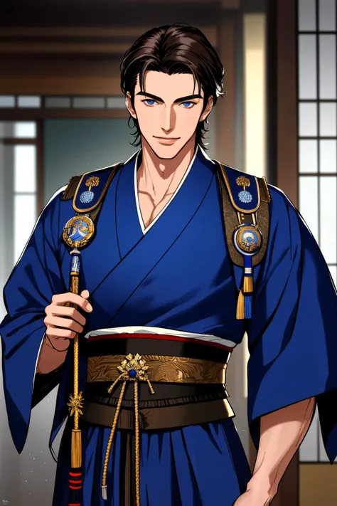 Masterpiece, highly detailed,absurdres, fine detail, HDR, 
handsome FH_man,  solo, looking at viewer, sharp, contrast, realistic drawing, tall dark haired japanese man,blue eyes, wearing blue samurai chlothes, analog style, face focus, handsome face, ikemen, standing up, smiling to the viewer ,masculine FH_face, fit FH_body
 <lora:edgBekoIkemenWorld:0.7>