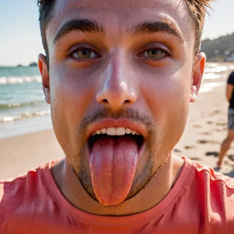 close-up photo of a man, long tongue out, uvula, drool, wearing red shorts, at a beach, <lora:tayhill_xl_1_standard_merger_26_42_96_04_03_03:1>, <lora:concept_tongue_out_xl_1_standard_merger_57_80_04_06:.65>