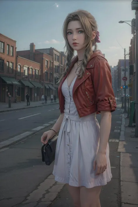 realistic, realism, photorealism, photo-realistic, high contrast, (photorealistic:1.4), 8k high definition detailed realistic, (best quality, masterpiece:1.2), NSFW,  photon mapping, radiosity, physically-based rendering, best quality, highly detailed,1girl, ffalice, green eyes, sky, street, store, facing the viwer, looking at the viwer, hoodie, skirt, standing,