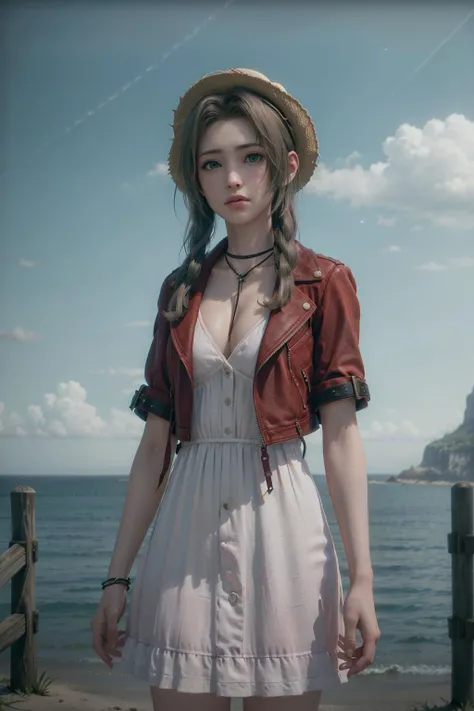 realistic, realism, photorealism, photo-realistic, high contrast, (photorealistic:1.4), 8k high definition detailed realistic, (best quality, masterpiece:1.2), NSFW, photon mapping, radiosity, physically-based rendering, best quality, highly detailed,1girl, ffalice, green eyes,sea, sky, beach, jacket, dress, straw hat, ((cow girl pose)), from below,