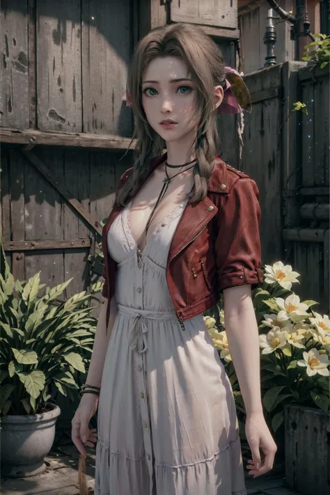 masterpiece, best quality, highres, HDR, ultra-detailed, highres, extremely detailed CG unity 8k wallpaper, perfect artwork, perfect female figure, 1girl, aerith gainsborough, choker, cropped jacket, hair bow, bracelet, pink dress, looking at viewer, leaning forward, light smile, indoors, stained glass window, flower garden,
<lora:aerith-nvwls-v1-final:0.6> <lora:flat2:-0.5>