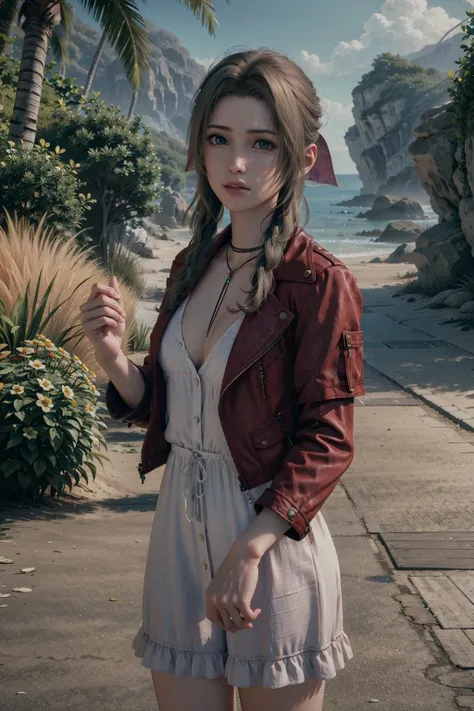 realistic, realism, photorealism, photo-realistic, high contrast, (photorealistic:1.4), 8k high definition detailed realistic, (best quality, masterpiece:1.2), NSFW, photon mapping, radiosity, physically-based rendering, best quality, highly detailed,1girl, ffalice, green eyes,sea, sky, beach, jacket, dress, straw hat, flower, flower shop,