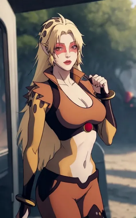 CARTOON_Cheetara_Thundercats2011_ownwaifu,
1girl,  blonde hair, very long hair, colored skin, multicolored skin, two-tone skin,long hair, pointy ears, breasts, cleavage, makeup, red eyes, large breasts, navel, lipstick, brown eyes, blush, bangs, eyeshadow, slit pupils,   facepaint, lips, jewelry, leopard print, 
collared jacket, orange leotard, midriff,  crop top, gloves, bracelet, open clothes, toeless legwear, bodysuit, anklet, thighhighs, fingerless gloves, sleeveless, 
<lora:CARTOON_cheetara_2011Thundercats_ownwaifu:1> ,
((masterpiece)),((best quality)),(highres, absurdres), original, official_art, chromatic_aberration, light_particles, bokeh, bloom, depth_of_field, outdoors, day, looking at viewer, solo, cowboy shot, photo_background,