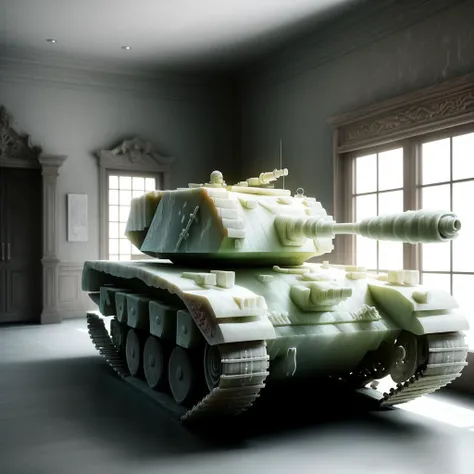 a statue of a white (tank:1.2), solo, <lora:jadecarvingcd-000006:0.85>, jadecarvingcd with white, no humans, high quality, masterpiece, realistic, photorealistic, long-focus, indoors, living room