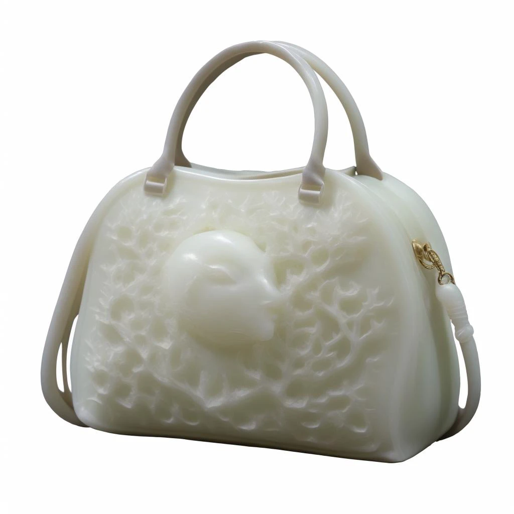 a white-jade bag, <lora:jadecarvingcd-000006:0.9>, jadecarvingcd, no humans, high quality, masterpiece, realistic, photorealistic, long-focus, full body, white background