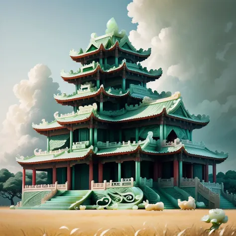 a chinese building model made of (jadecarvingcd:1.6), solo, <lora:jadecarvingcd-000008:0.9>, no humans, high quality, masterpiece, realistic, photorealistic, long-focus, outdoors, grassland, cloud