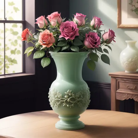 the colourful roses are in the vase, simple jadecarvingcd vases, solo, <lora:jadecarvingcd-000006:0.8>, no humans, high quality, masterpiece, realistic, photorealistic, long-focus, indoors