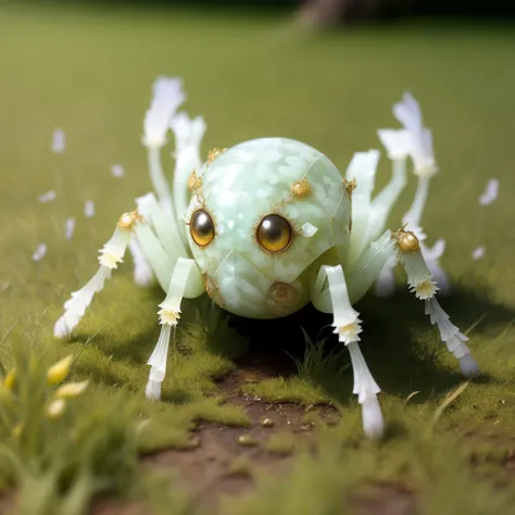 a jadecarvingcd-spider, cute, solo, <lora:jadecarvingcd-000008:0.9>, no humans, high quality, masterpiece, realistic, photorealistic, long-focus, outdoors, grassland